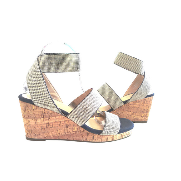 C Comfort Navy Blue Cream Espadrille Wedge Heel Sandals Size 10 M - Picture 5 of 9